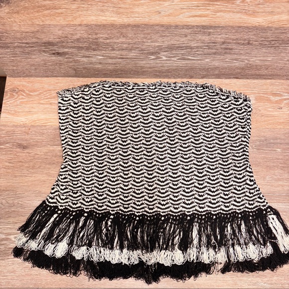 White House Black Market Tops - White House Black Market Black White Knit Tassel Fringe Strapless Corset Bustier
